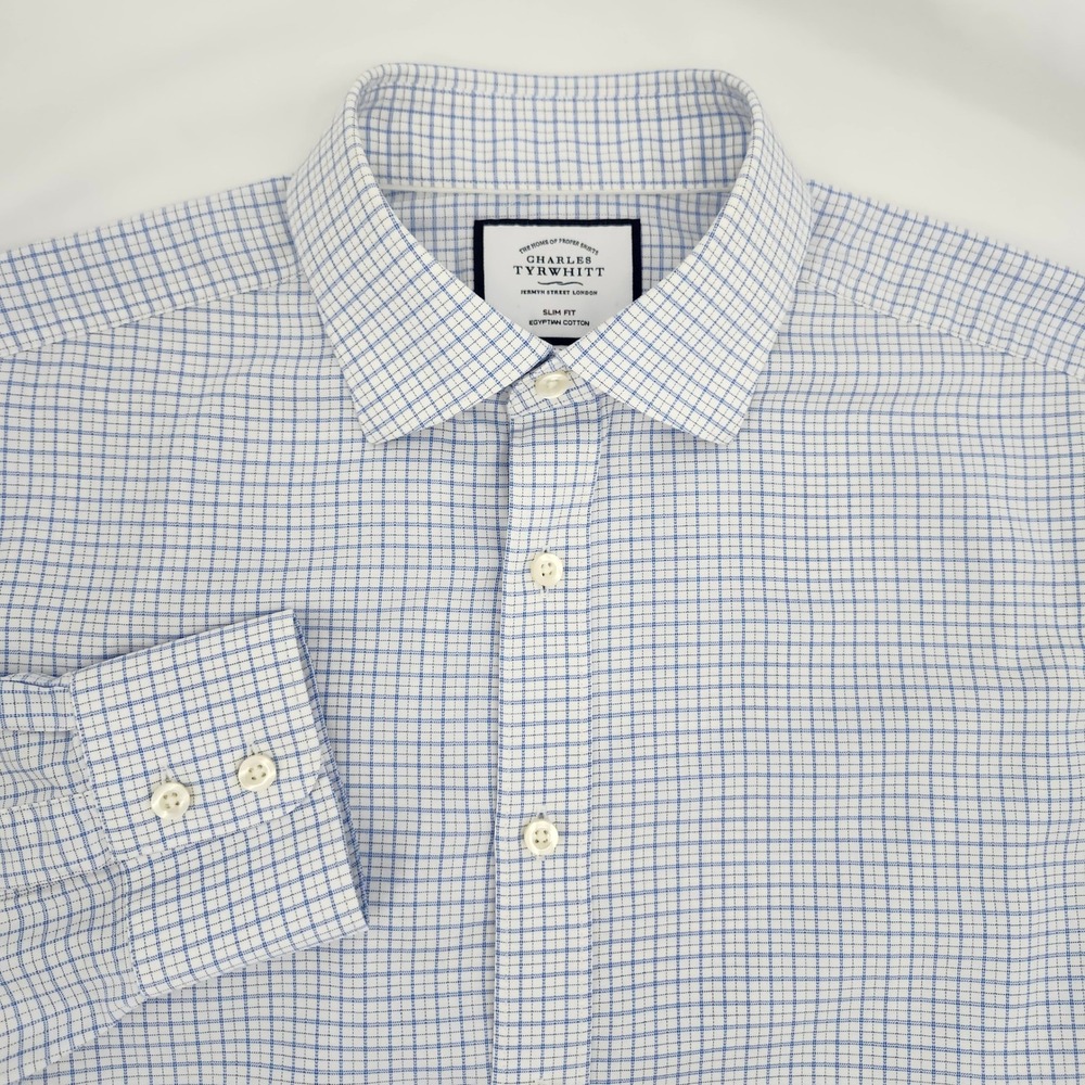 Charles Tyrwhitt Mens Blue Tattersall Slim Fit Shirt Size 16/34 Office Tailored